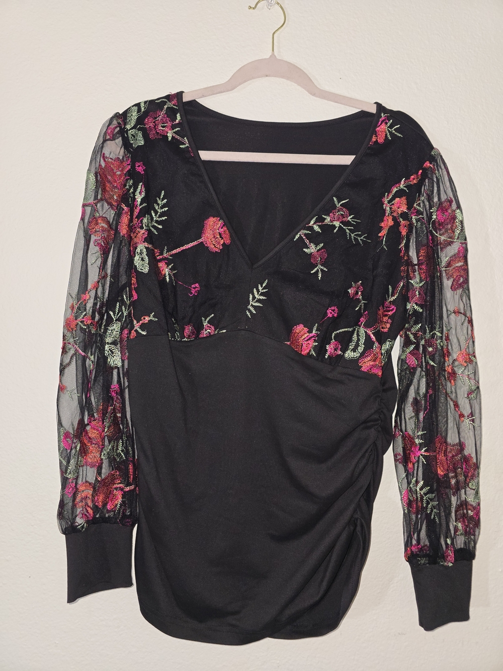 SHEIN Black Mesh Floral Embroidered Blouse